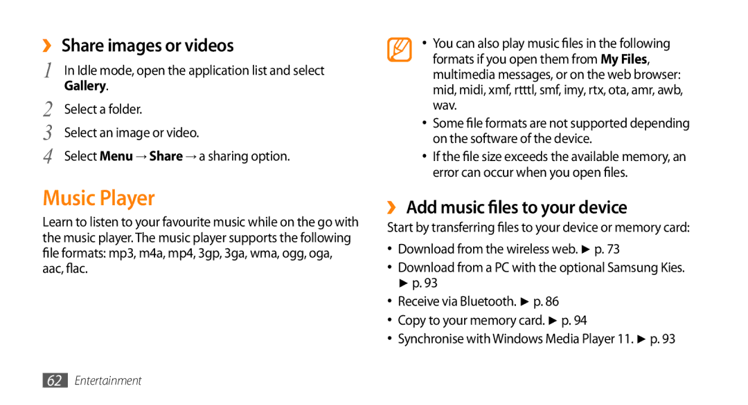 Samsung GT-I9010XKAITV, GT-I9010XKADBT manual Music Player, ›› Share images or videos, ›› Add music files to your device 