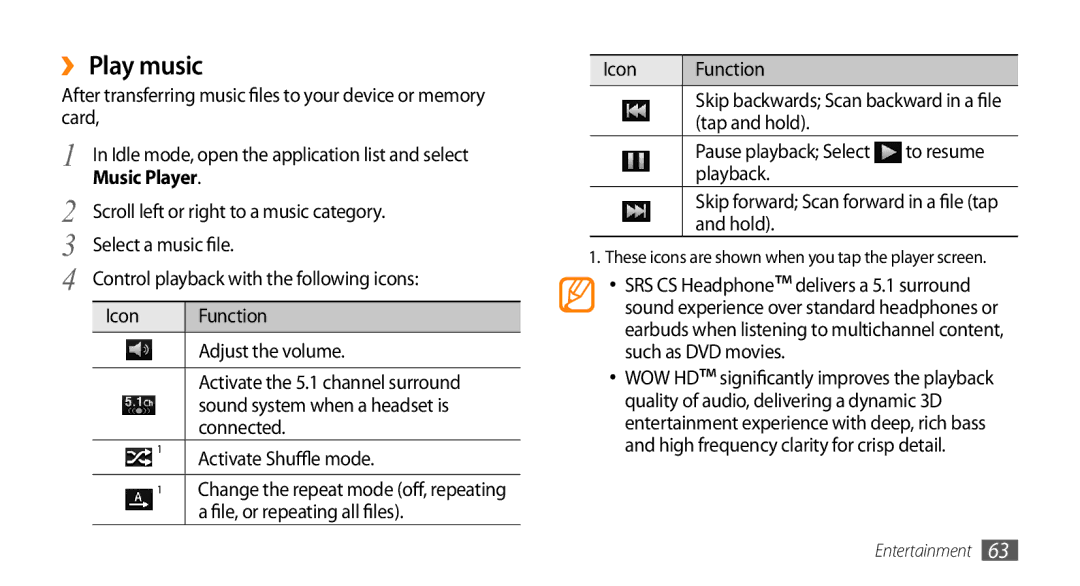 Samsung GT-I9010XKASER, GT-I9010XKADBT, GT-I9010XKAXEN, GT-I9010XKAITV manual ›› Play music, Music Player 