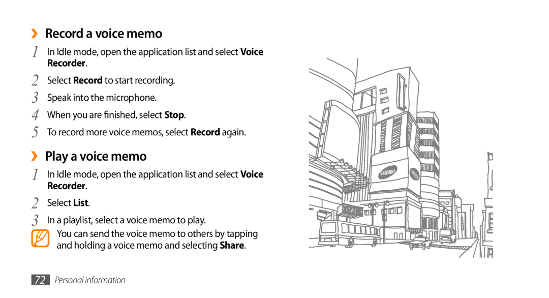 Samsung GT-I9010XKADBT, GT-I9010XKAXEN, GT-I9010XKAITV manual ›› Record a voice memo, ›› Play a voice memo, Recorder 