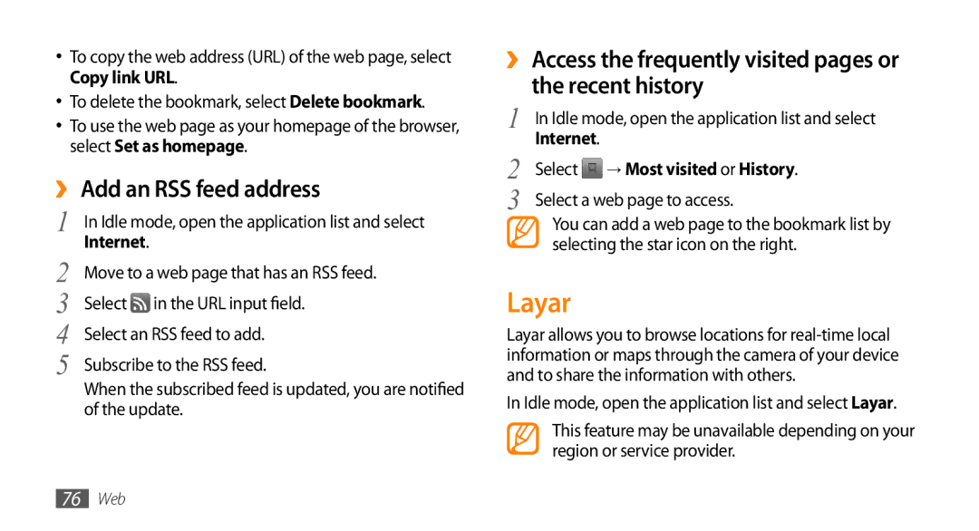 Samsung GT-I9010XKADBT manual Layar, ›› Add an RSS feed address, → Most visited or History, Select a web page to access 