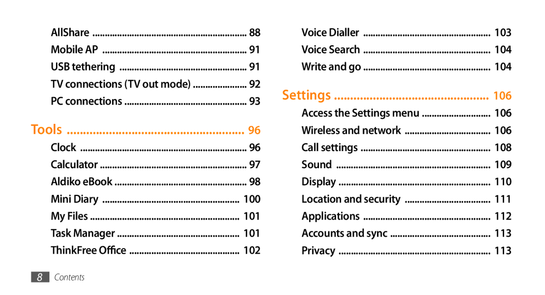 Samsung GT-I9010XKADBT, GT-I9010XKAXEN, GT-I9010XKAITV, GT-I9010XKASER manual Tools, Settings 