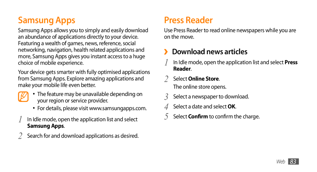 Samsung GT-I9010XKASER, GT-I9010XKADBT manual Samsung Apps, Press Reader, ›› Download news articles, Select Online Store 