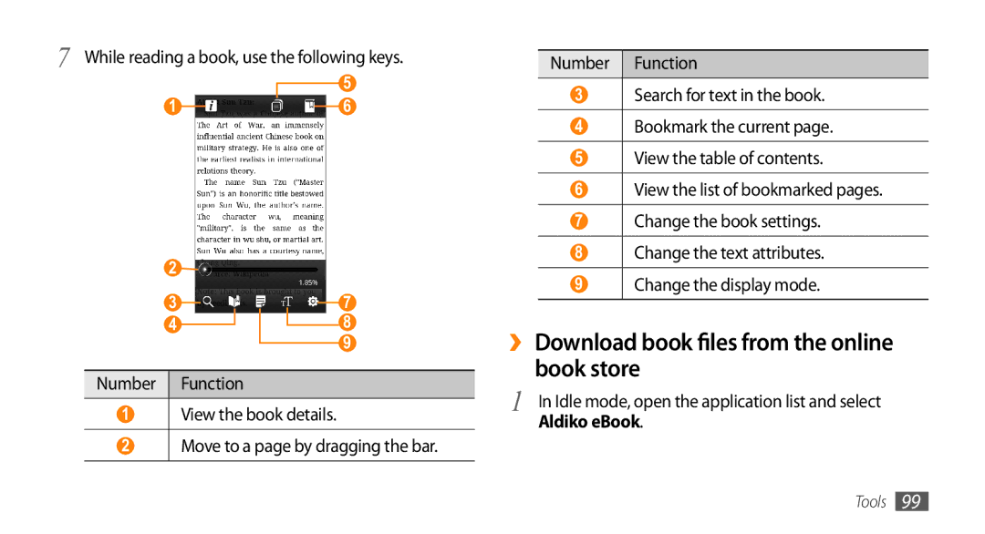 Samsung GT-I9010XKASER ›› Download book files from the online book store, While reading a book, use the following keys 