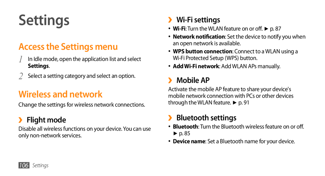 Samsung GT-I9010XKAITV Access the Settings menu, Wireless and network, ›› Flight mode, ›› Wi-Fi settings, ›› Mobile AP 