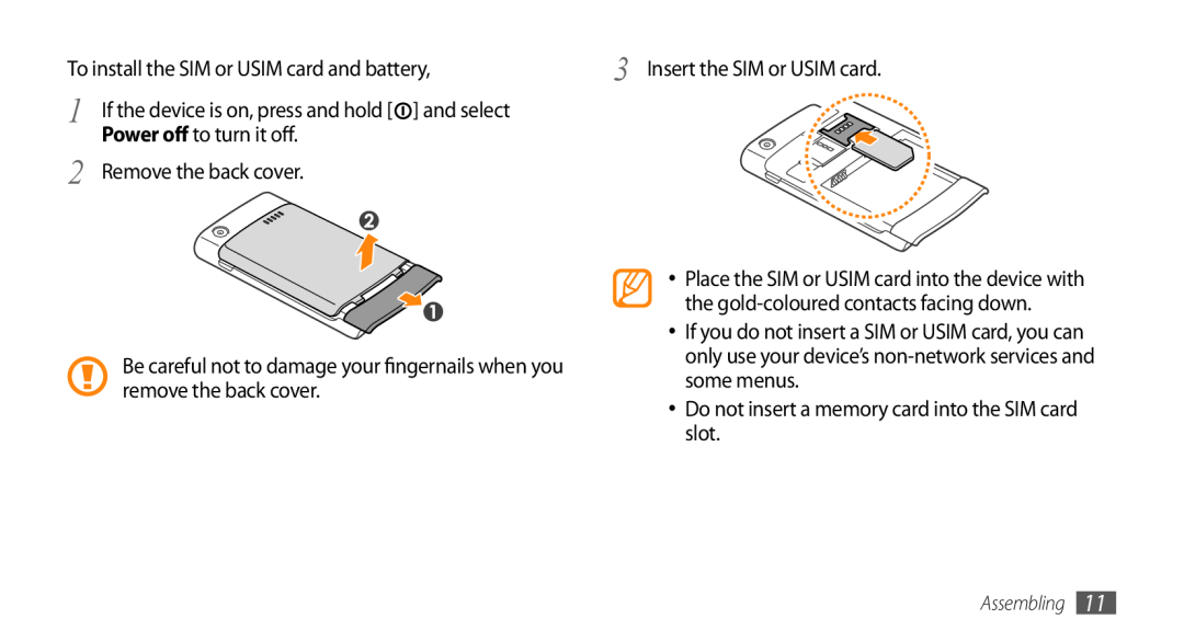 Samsung GT-I9010XKASER, GT-I9010XKADBT, GT-I9010XKAXEN, GT-I9010XKAITV manual To install the SIM or USIM card and battery 