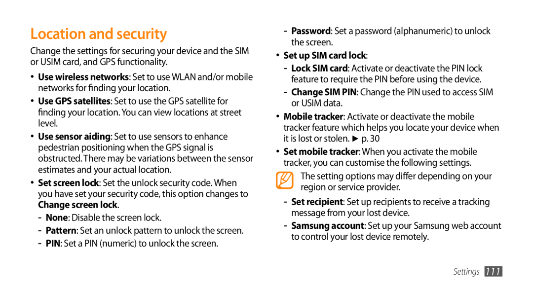 Samsung GT-I9010XKASER, GT-I9010XKADBT, GT-I9010XKAXEN, GT-I9010XKAITV manual Location and security, Set up SIM card lock 