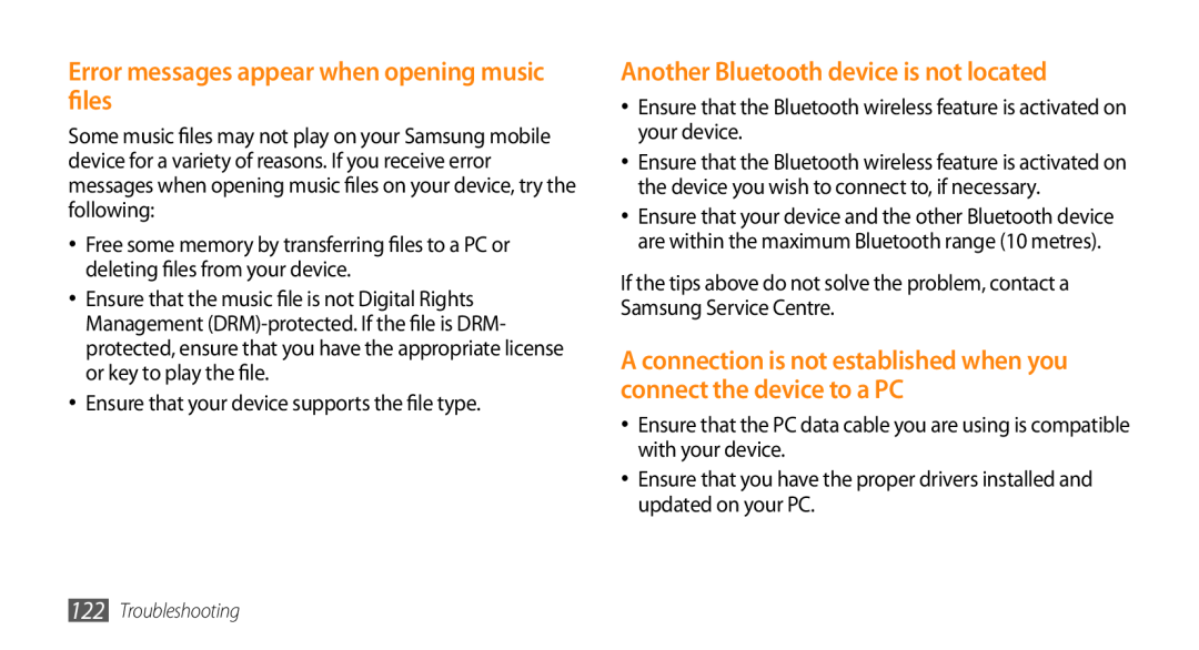 Samsung GT-I9010XKAITV manual Error messages appear when opening music files, Another Bluetooth device is not located 
