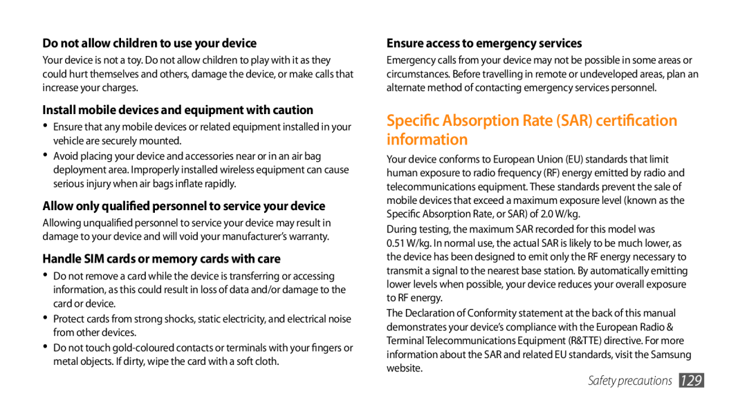 Samsung GT-I9010XKAXEN Specific Absorption Rate SAR certification information, Do not allow children to use your device 