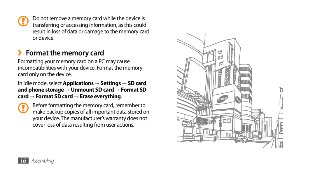 Samsung GT-I9010XKADBT, GT-I9010XKAXEN, GT-I9010XKAITV, GT-I9010XKASER manual ›› Format the memory card, Assembling 