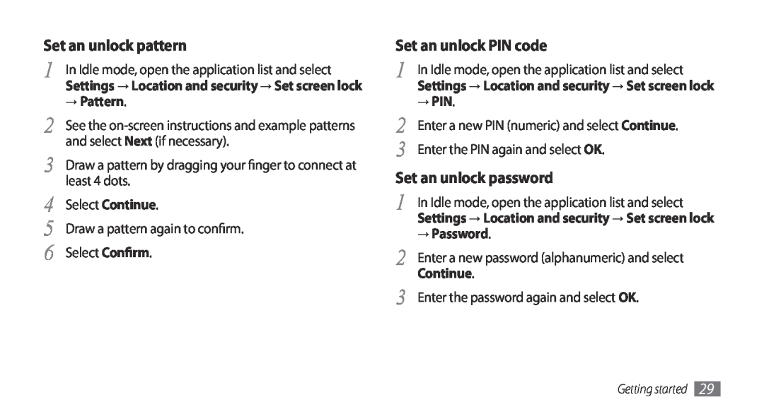 Samsung GT-I9010XKAXEN Set an unlock pattern, Set an unlock PIN code, Set an unlock password, → Pattern, → Pin, → Password 