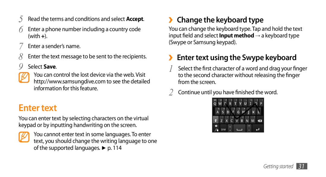 Samsung GT-I9010XKASER manual ›› Change the keyboard type, ›› Enter text using the Swype keyboard, Getting started 