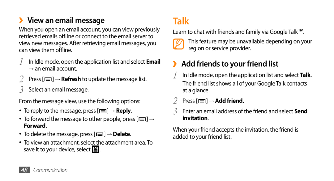 Samsung GT-I9010XKADBT, GT-I9010XKAXEN manual Talk, ›› View an email message, ›› Add friends to your friend list, invitation 