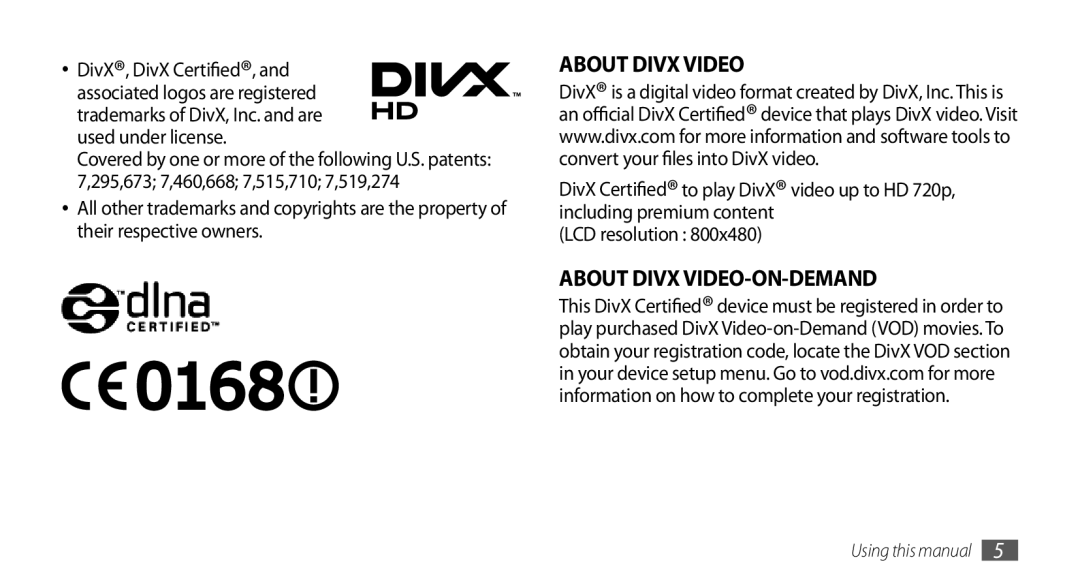 Samsung GT-I9010XKAXEN, GT-I9010XKADBT, GT-I9010XKAITV, GT-I9010XKASER manual About Divx Video-On-Demand 