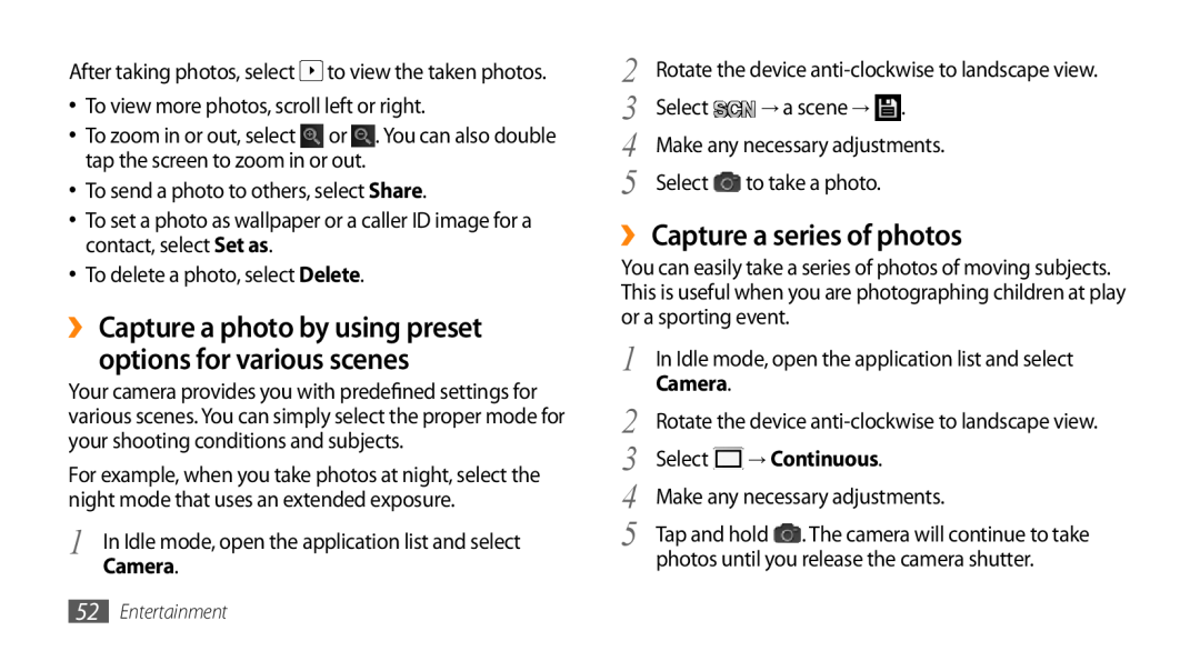 Samsung GT-I9010XKADBT manual ›› Capture a photo by using preset options for various scenes, ›› Capture a series of photos 