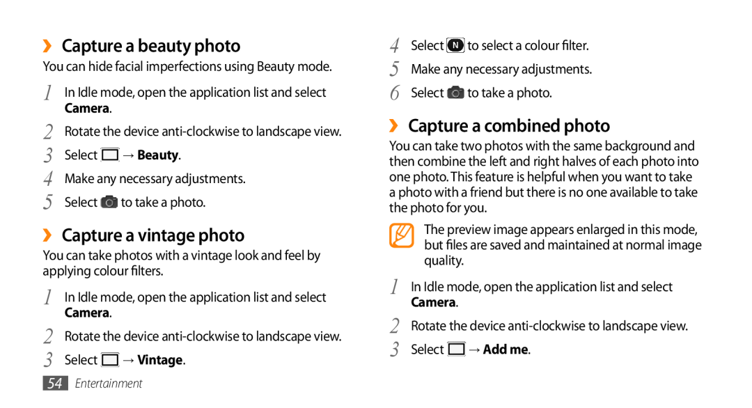 Samsung GT-I9010XKAITV manual ›› Capture a beauty photo, ›› Capture a vintage photo, ›› Capture a combined photo, → Vintage 
