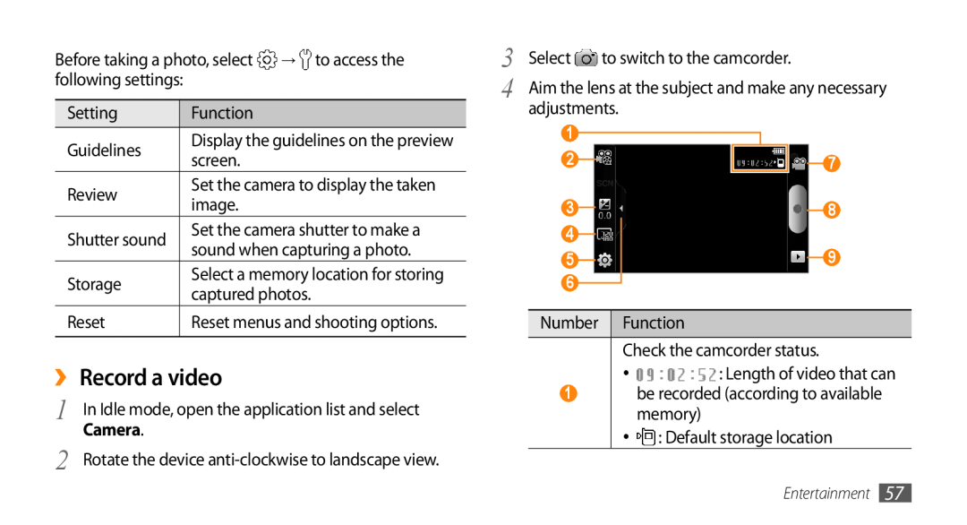 Samsung GT-I9010XKAXEN, GT-I9010XKADBT, GT-I9010XKAITV manual ›› Record a video, Function, Check the camcorder status, Camera 