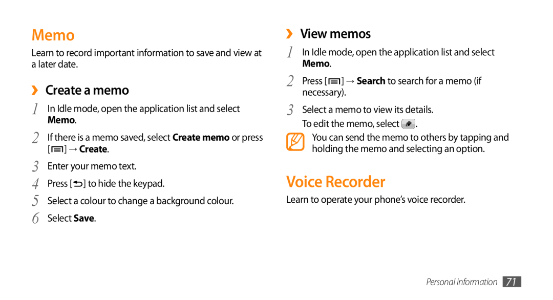 Samsung GT-I9010XKASER, GT-I9010XKADBT, GT-I9010XKAXEN manual Memo, Voice Recorder, ›› Create a memo, ›› View memos, → Create 