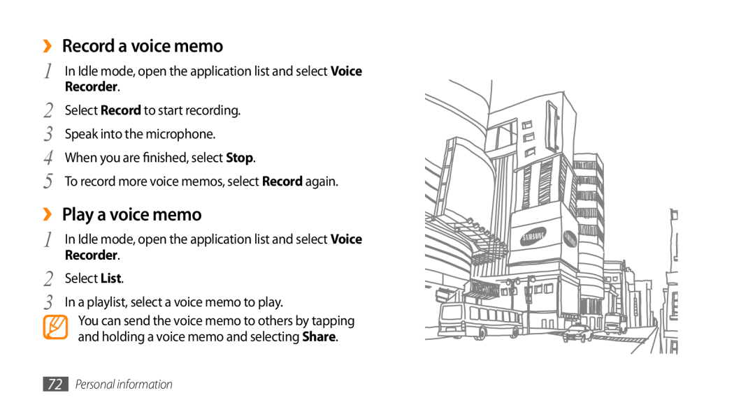 Samsung GT-I9010XKADBT, GT-I9010XKAXEN manual ›› Record a voice memo, ›› Play a voice memo, Recorder, Personal information 