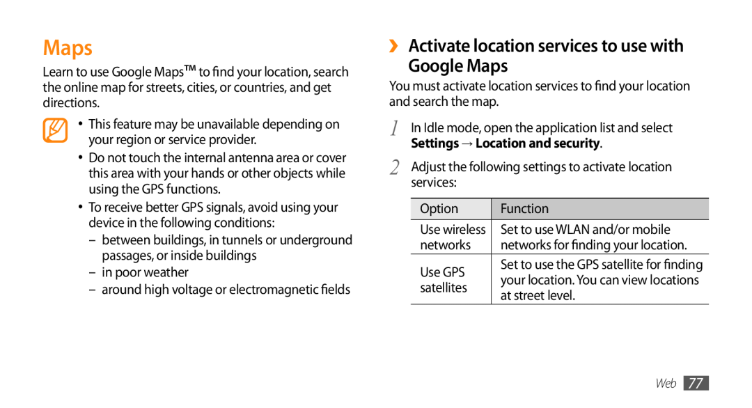 Samsung GT-I9010XKAXEN manual ›› Activate location services to use with Google Maps, Settings → Location and security 