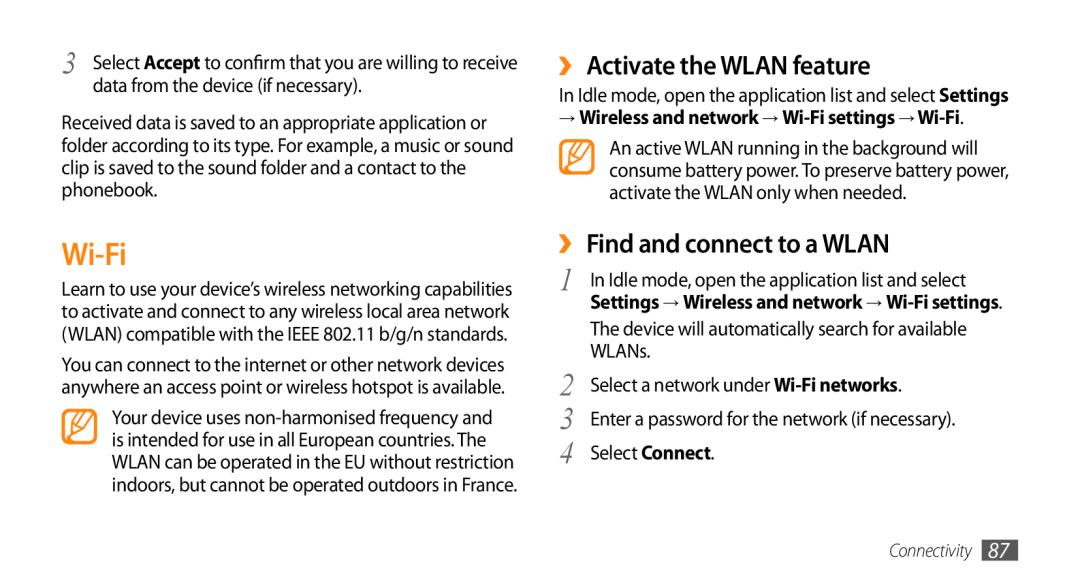 Samsung GT-I9010XKASER, GT-I9010XKADBT Wi-Fi, ›› Activate the WLAN feature, ›› Find and connect to a WLAN, Connectivity 