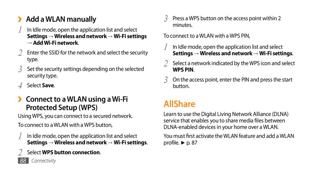 Samsung GT-I9010XKADBT AllShare, ›› Add a WLAN manually, ›› Connect to a WLAN using a Wi-Fi Protected Setup WPS, minutes 