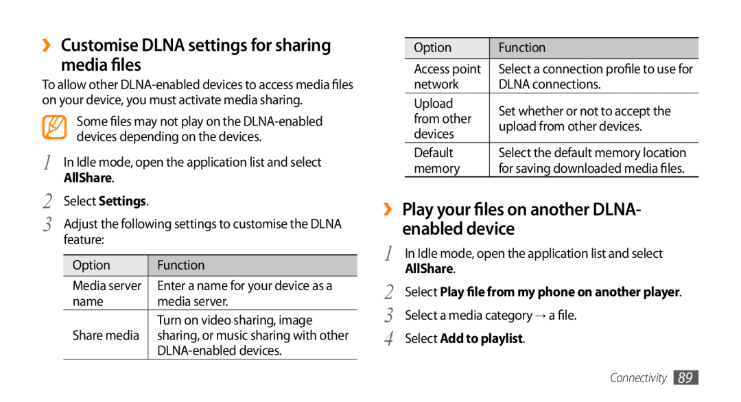 Samsung GT-I9010XKAXEN manual ›› Customise DLNA settings for sharing media files, AllShare, Select Add to playlist 