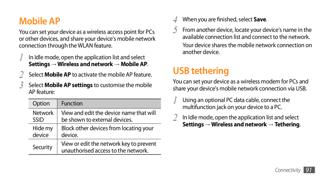 Samsung GT-I9010XKASER, GT-I9010XKADBT, GT-I9010XKAXEN manual USB tethering, Settings → Wireless and network → Mobile AP 