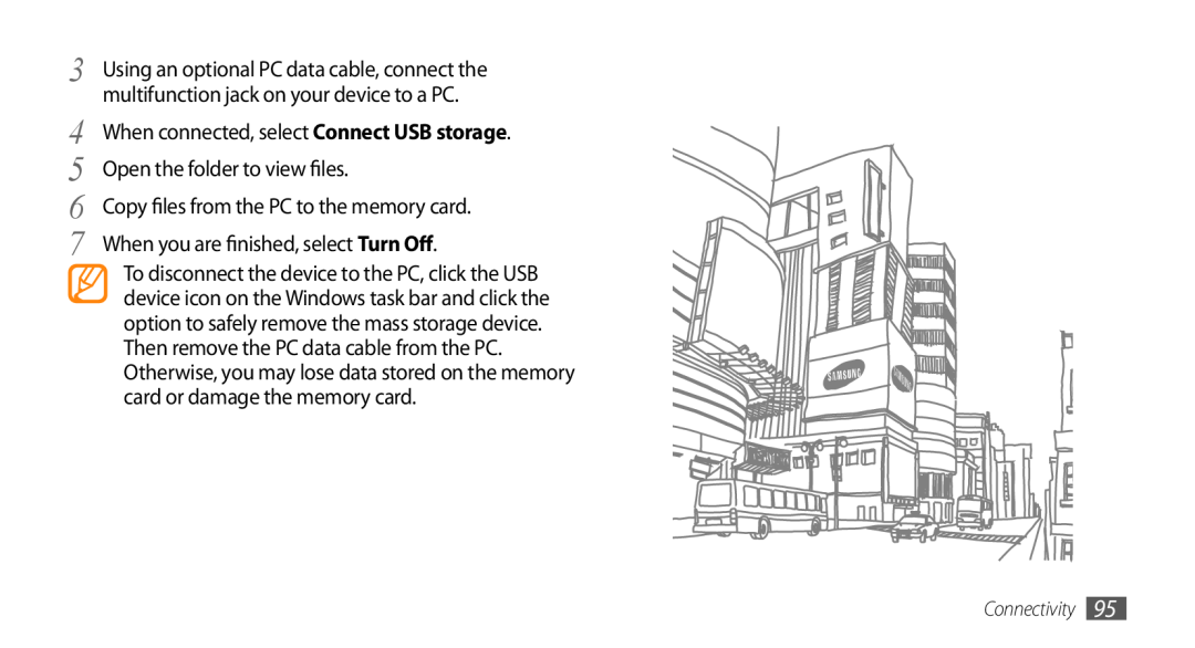 Samsung GT-I9010XKASER Copy files from the PC to the memory card, When you are finished, select Turn Off, Connectivity 