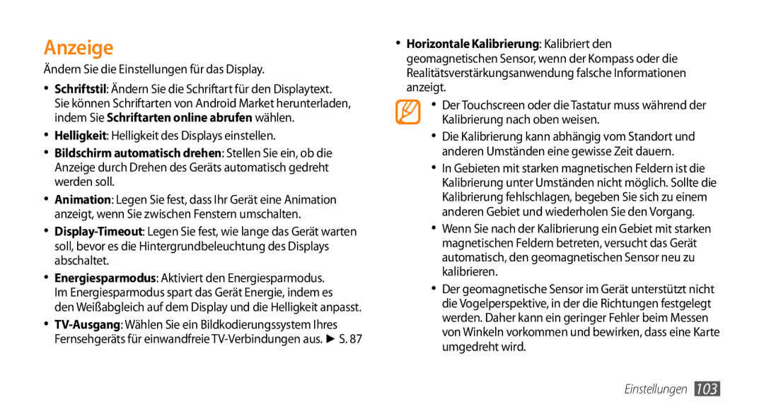 Samsung GT-I9010XKADBT manual Anzeige, Ändern Sie die Einstellungen für das Display 