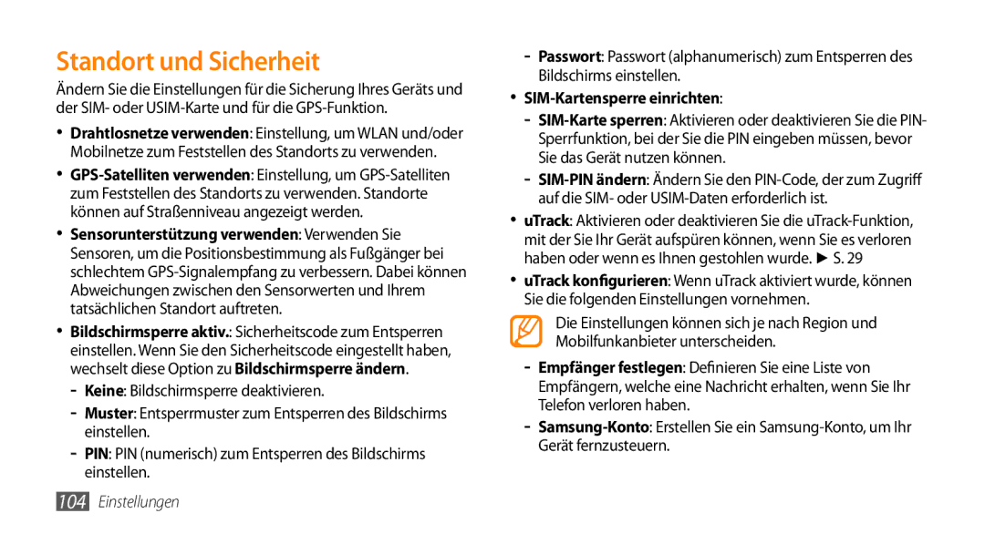 Samsung GT-I9010XKADBT manual Standort und Sicherheit, SIM-Kartensperre einrichten 