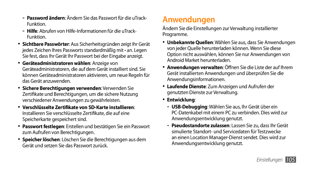 Samsung GT-I9010XKADBT manual Anwendungen, Entwicklung 