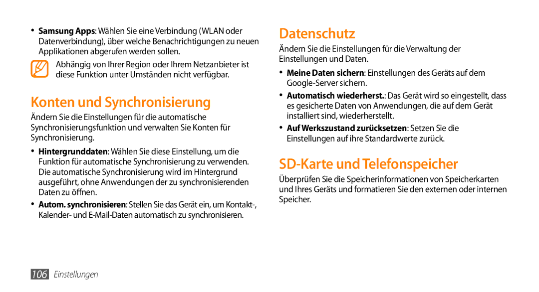 Samsung GT-I9010XKADBT manual Konten und Synchronisierung, Datenschutz, SD-Karte und Telefonspeicher 