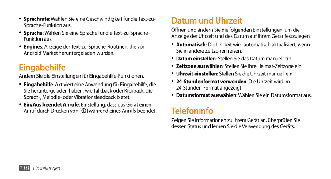 Samsung GT-I9010XKADBT manual Eingabehilfe, Datum und Uhrzeit, Telefoninfo, Stundenformat verwenden Die Uhrzeit wird im 