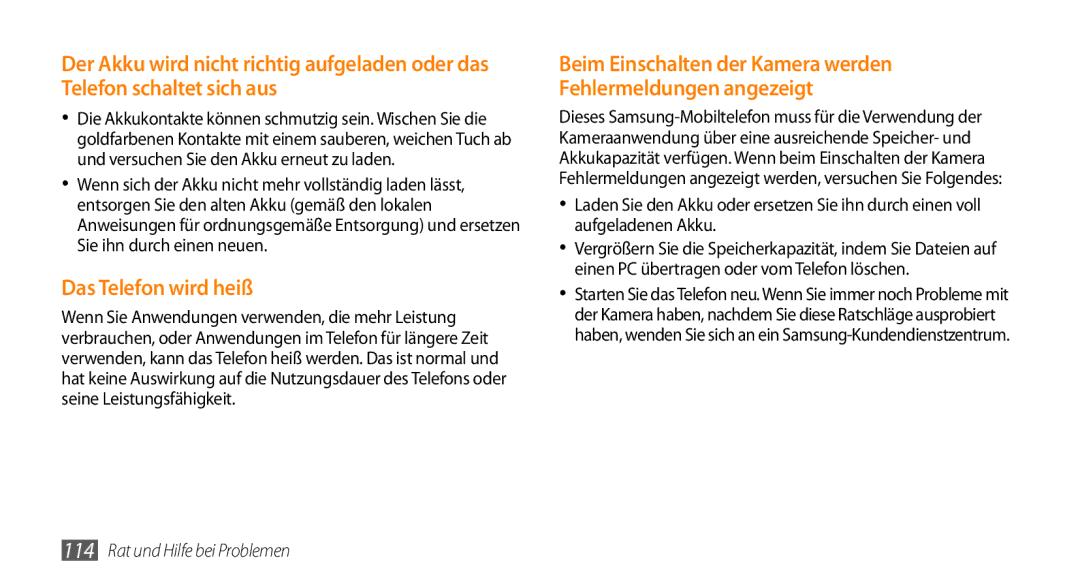 Samsung GT-I9010XKADBT manual Beim Einschalten der Kamera werden Fehlermeldungen angezeigt 