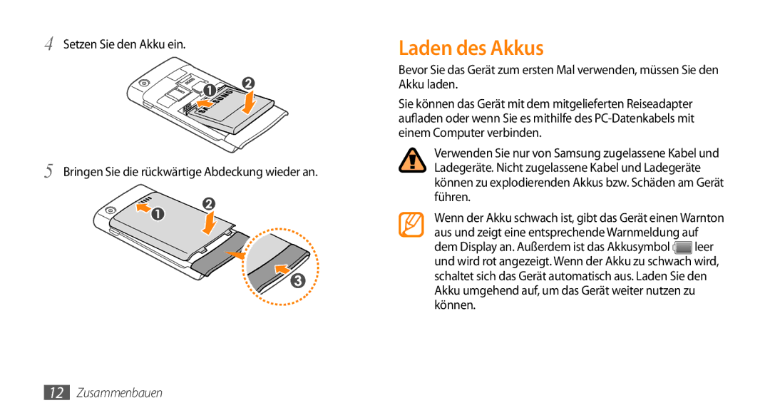 Samsung GT-I9010XKADBT manual Laden des Akkus 