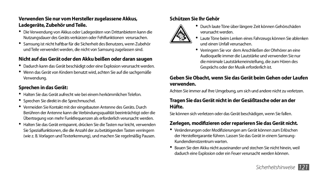 Samsung GT-I9010XKADBT manual Sprechen in das Gerät, Schützen Sie Ihr Gehör 