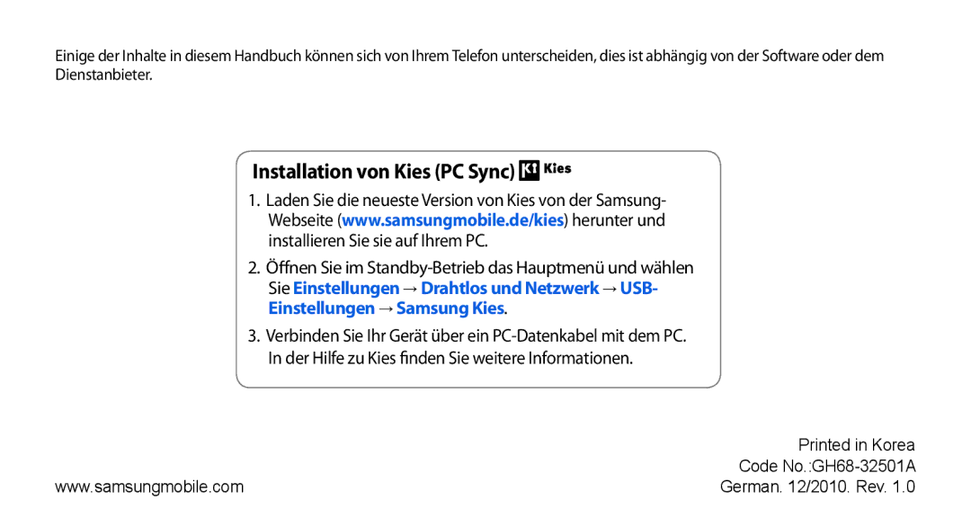 Samsung GT-I9010XKADBT manual Installation von Kies PC Sync, Code No.GH68-32501A 