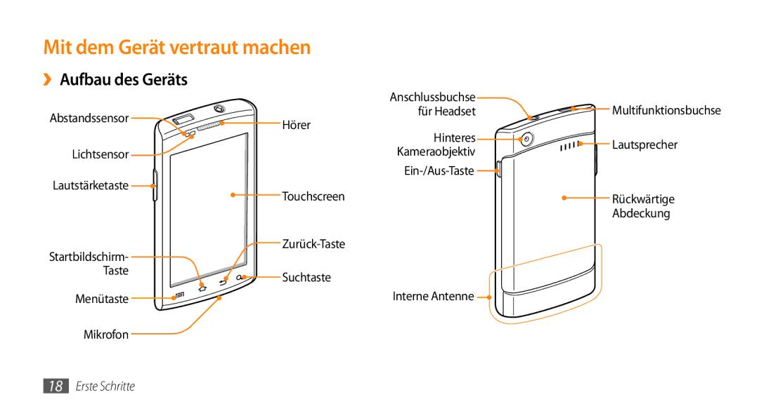 Samsung GT-I9010XKADBT manual Mit dem Gerät vertraut machen, ››Aufbau des Geräts 