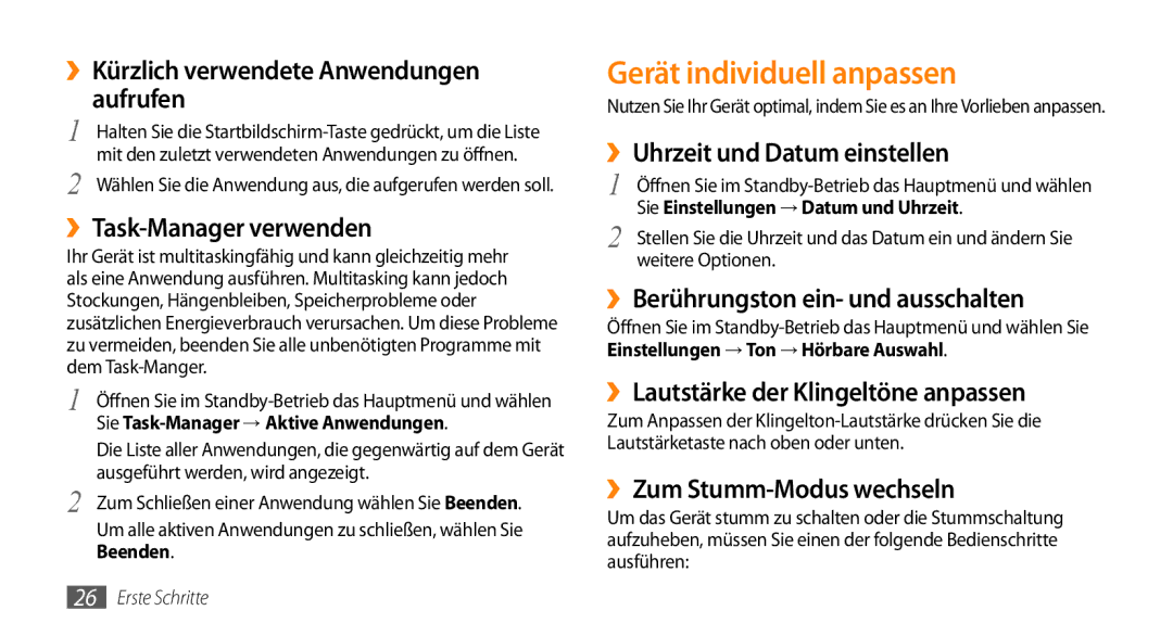 Samsung GT-I9010XKADBT manual Gerät individuell anpassen 