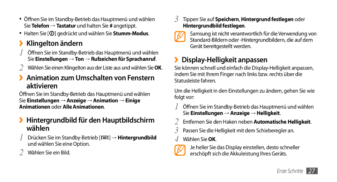 Samsung GT-I9010XKADBT manual ››Hintergrundbild für den Hauptbildschirm wählen, ››Display-Helligkeit anpassen 