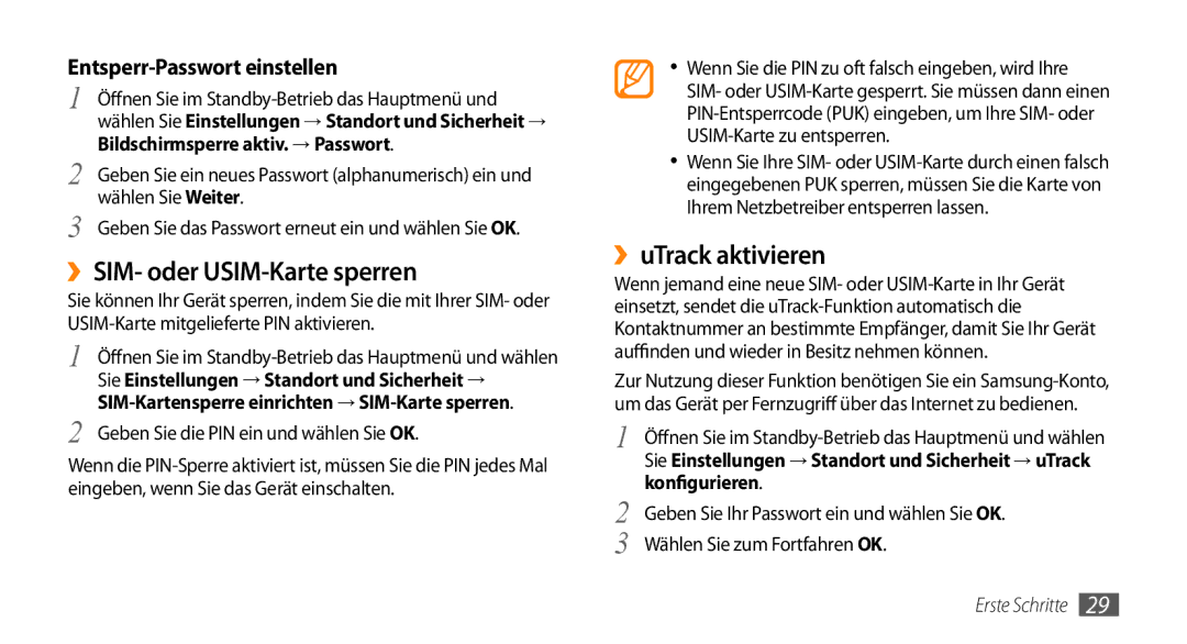 Samsung GT-I9010XKADBT manual ››SIM- oder USIM-Karte sperren, ››uTrack aktivieren, Entsperr-Passwort einstellen 