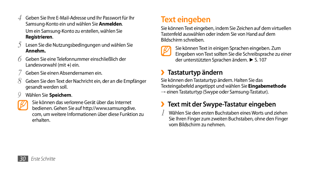 Samsung GT-I9010XKADBT manual Text eingeben, ››Tastaturtyp ändern, ››Text mit der Swype-Tastatur eingeben 