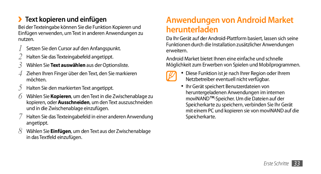 Samsung GT-I9010XKADBT manual Anwendungen von Android Market herunterladen, ››Text kopieren und einfügen 