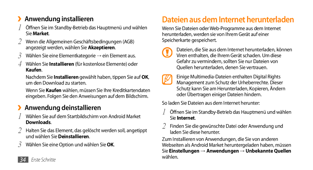 Samsung GT-I9010XKADBT manual ››Anwendung installieren, ››Anwendung deinstallieren, Downloads 