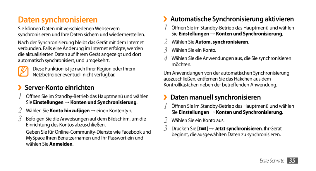 Samsung GT-I9010XKADBT manual Daten synchronisieren, ››Server-Konto einrichten, ››Automatische Synchronisierung aktivieren 