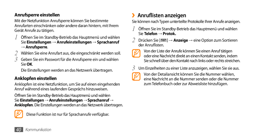 Samsung GT-I9010XKADBT manual ››Anruflisten anzeigen, Anrufsperre einstellen, Anklopfen einstellen, → Anrufsperre 