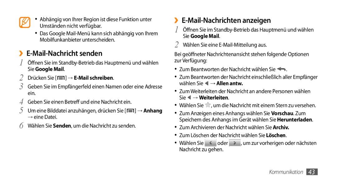 Samsung GT-I9010XKADBT manual ››E-Mail-Nachricht senden, ››E-Mail-Nachrichten anzeigen, Sie Google Mail 