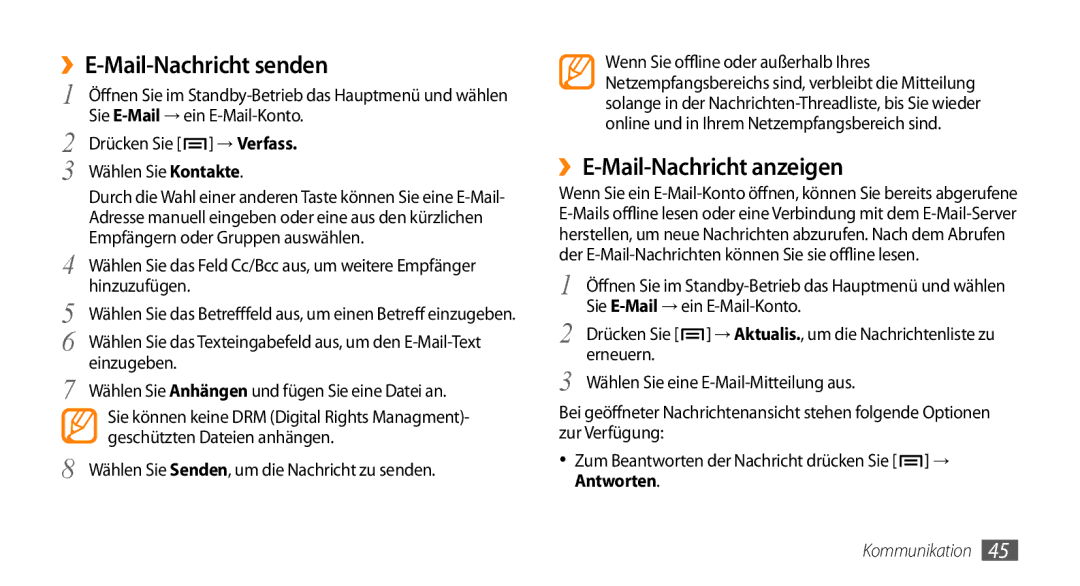 Samsung GT-I9010XKADBT manual ››E-Mail-Nachricht anzeigen, Einzugeben Wählen Sie Anhängen und fügen Sie eine Datei an 