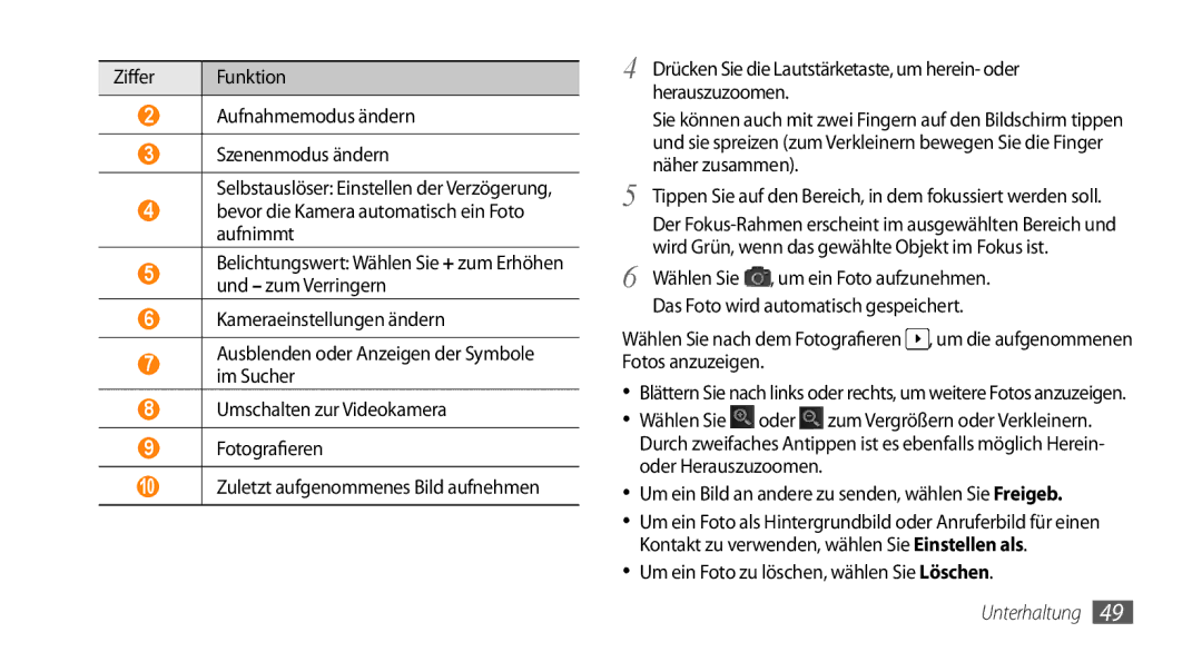 Samsung GT-I9010XKADBT Ziffer Funktion Aufnahmemodus ändern Szenenmodus ändern, Um ein Foto zu löschen, wählen Sie Löschen 