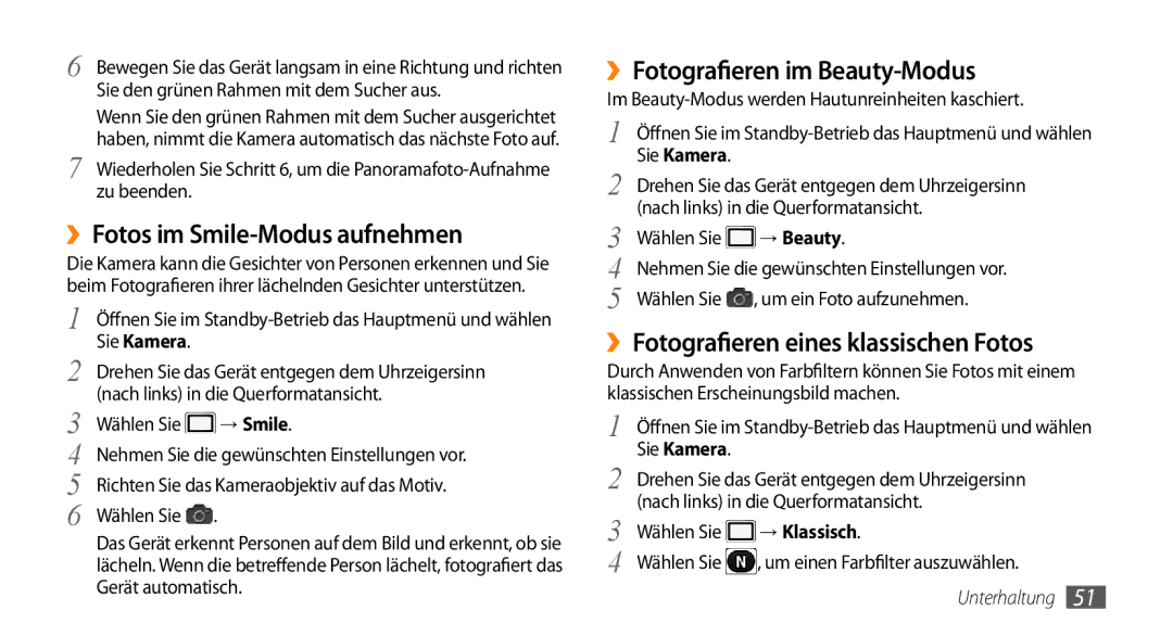 Samsung GT-I9010XKADBT manual ››Fotos im Smile-Modus aufnehmen, ››Fotografieren im Beauty-Modus 